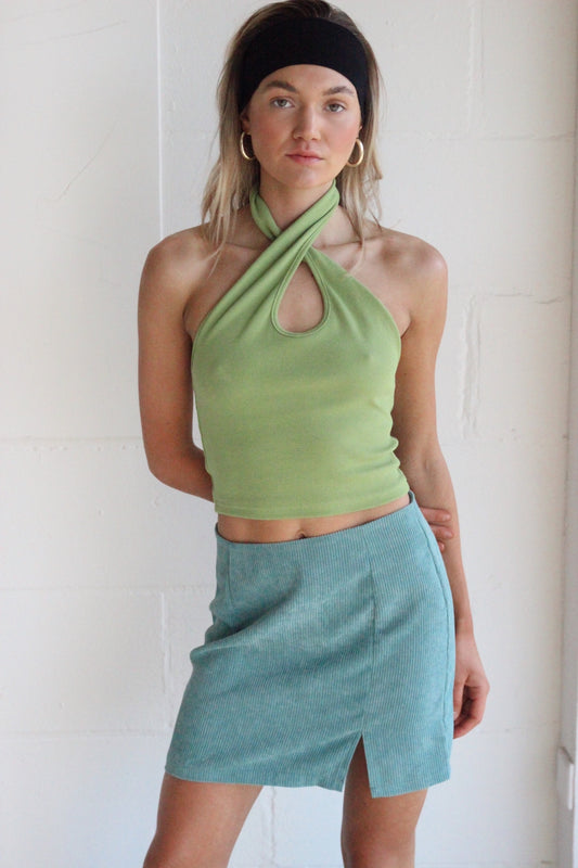 LOU – Green Ribbed Cotton Halter Top