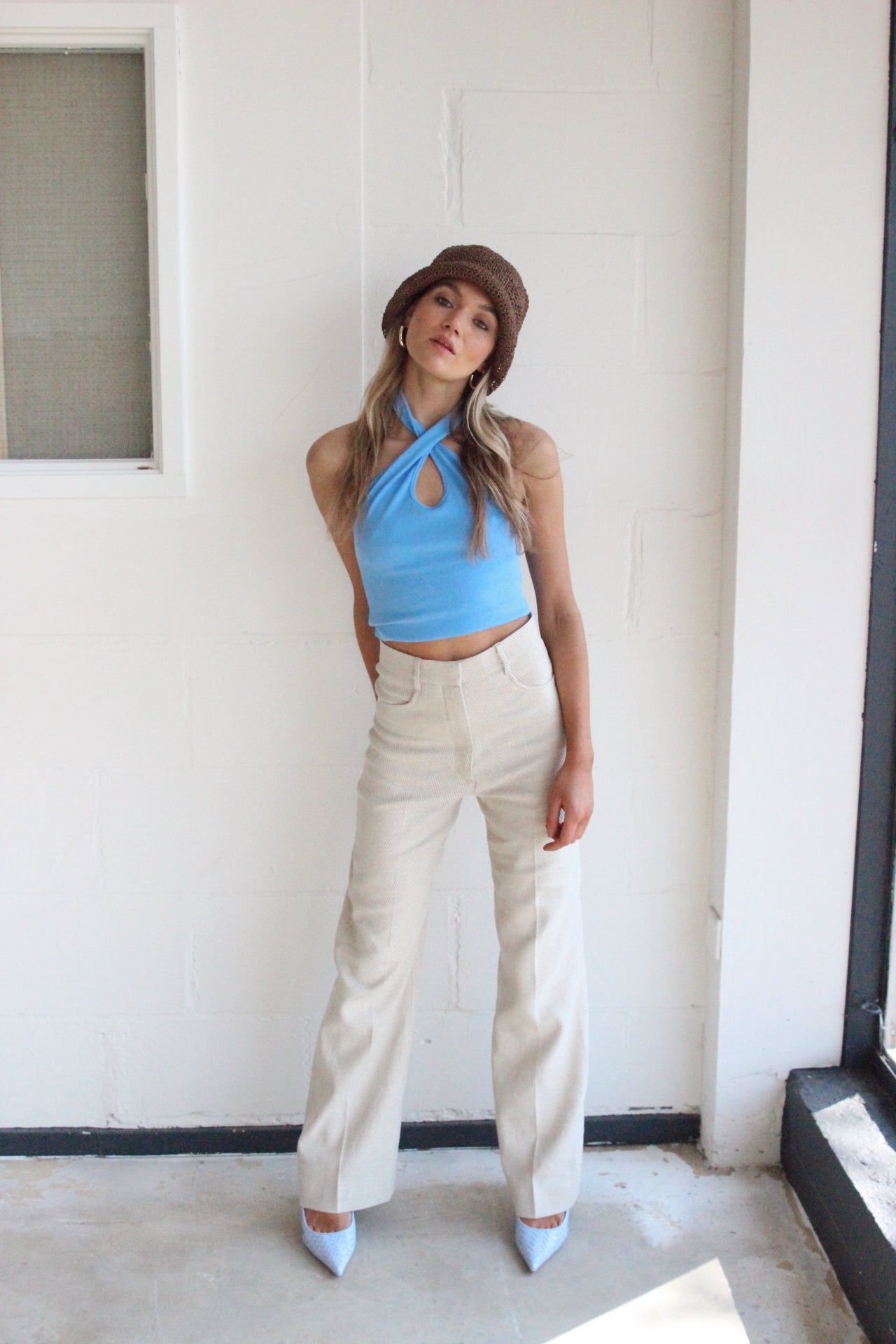 LOU – Blue Ribbed Cotton Halter Top