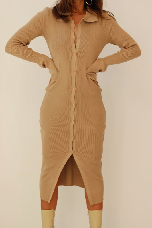 Beige rib knitted collared midi dress from Chouette Club