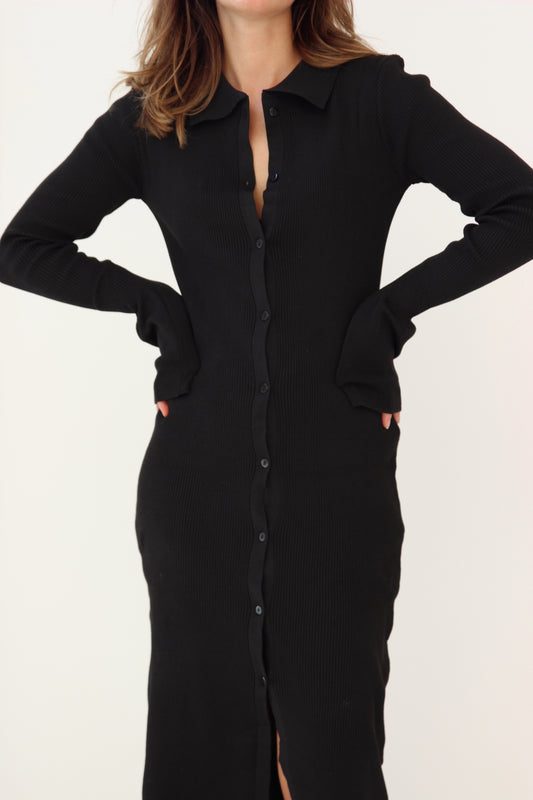 Black Rib Knitted Collared Midi Dress from Chouette Club