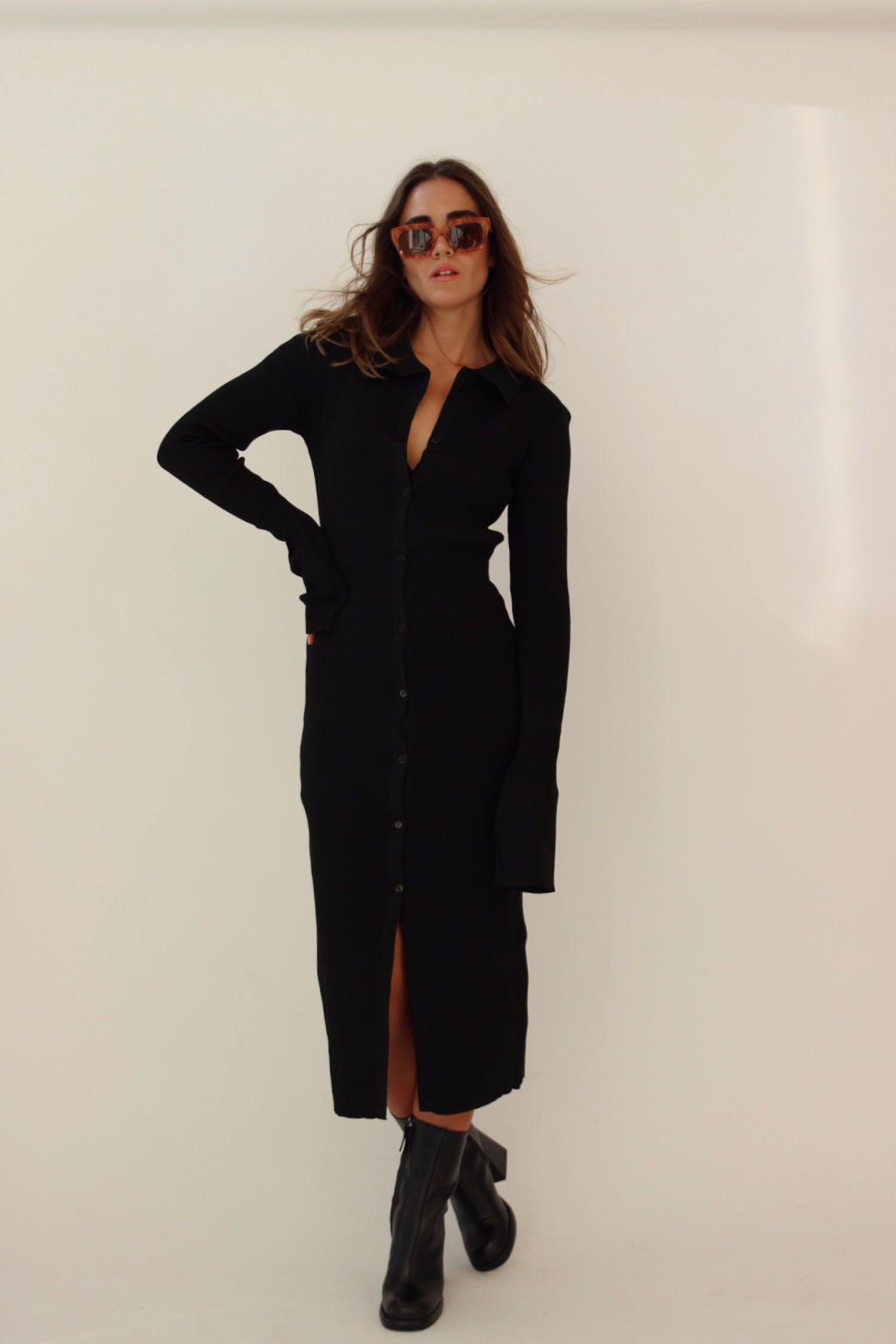 Black Rib Knitted Collared Midi Dress from Chouette Club