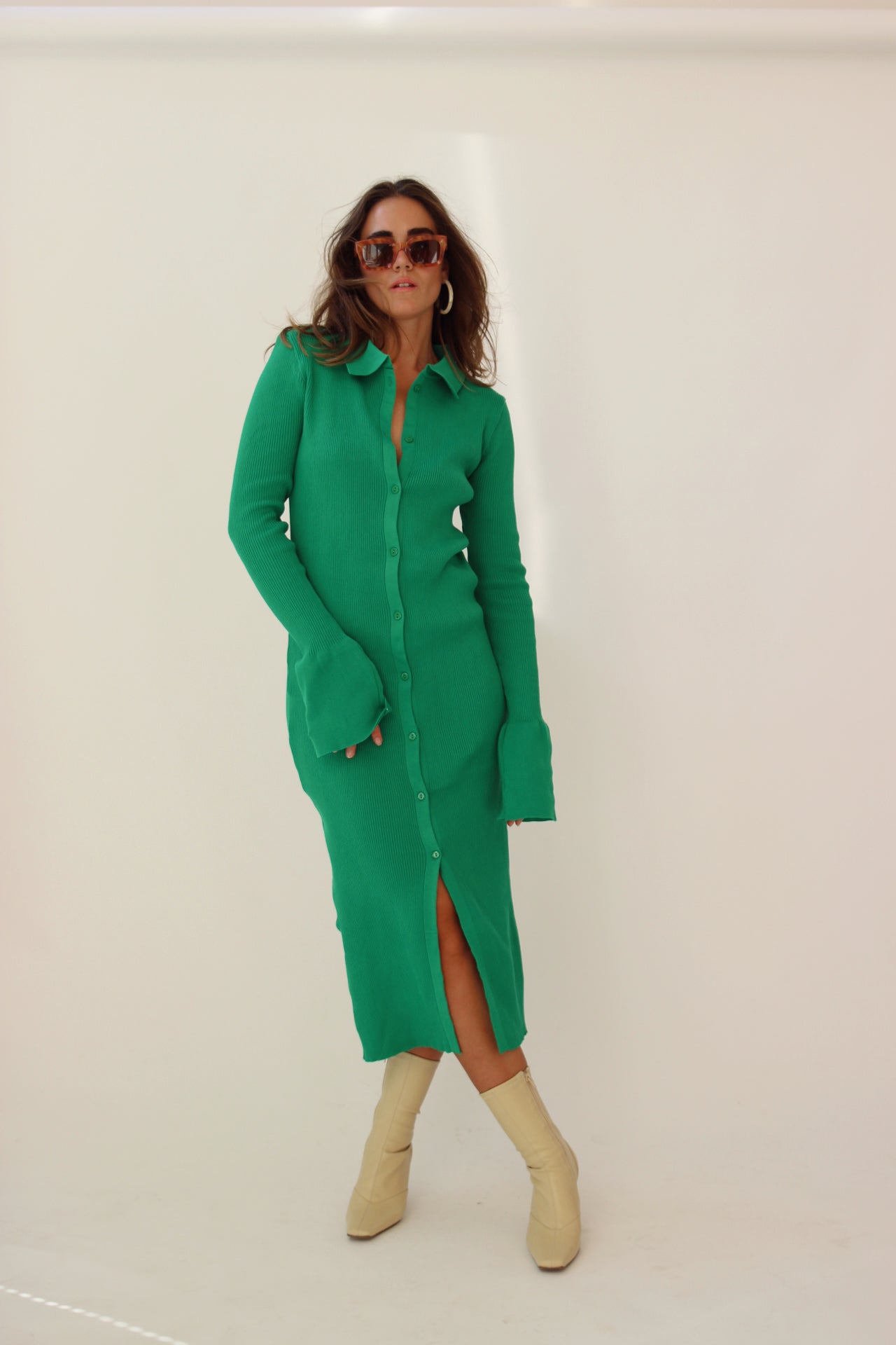 green ribbed collar dress Dark Green Ribbed Knit Collar Midi Dress