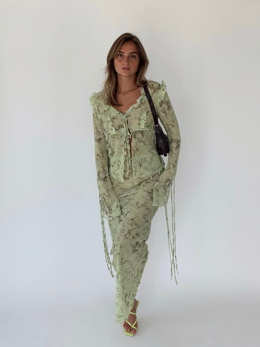 VIVI - Green Frilled Hem Maxi Skirt