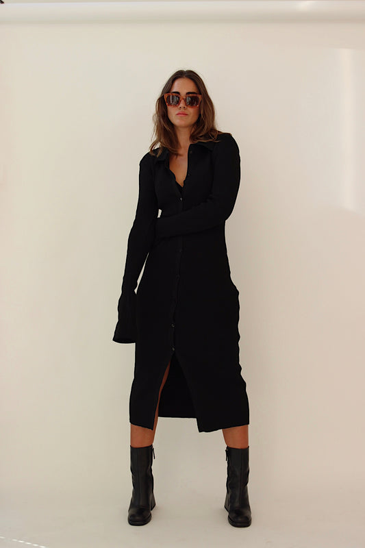 Black Rib Knitted Collared Midi Dress from Chouette Club