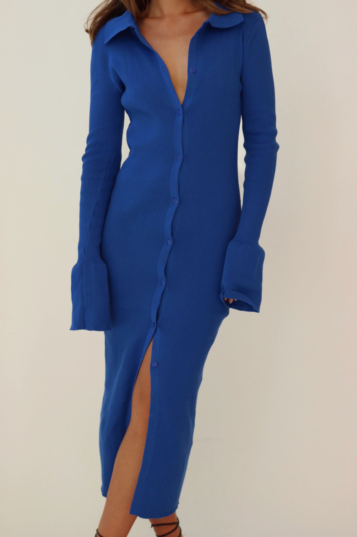  Blue Rib Knitted Collared Midi Dress from Chouette Club 
