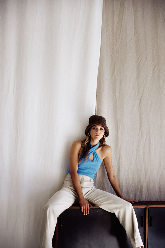 LOU – Blue Ribbed Cotton Halter Top