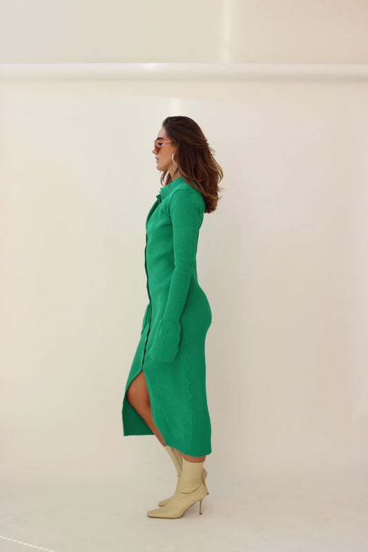 Green Rib Knitted Collared Midi Dress via Chouette Club