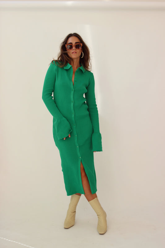 Green Rib Knitted Collared Midi Dress via Chouette Club